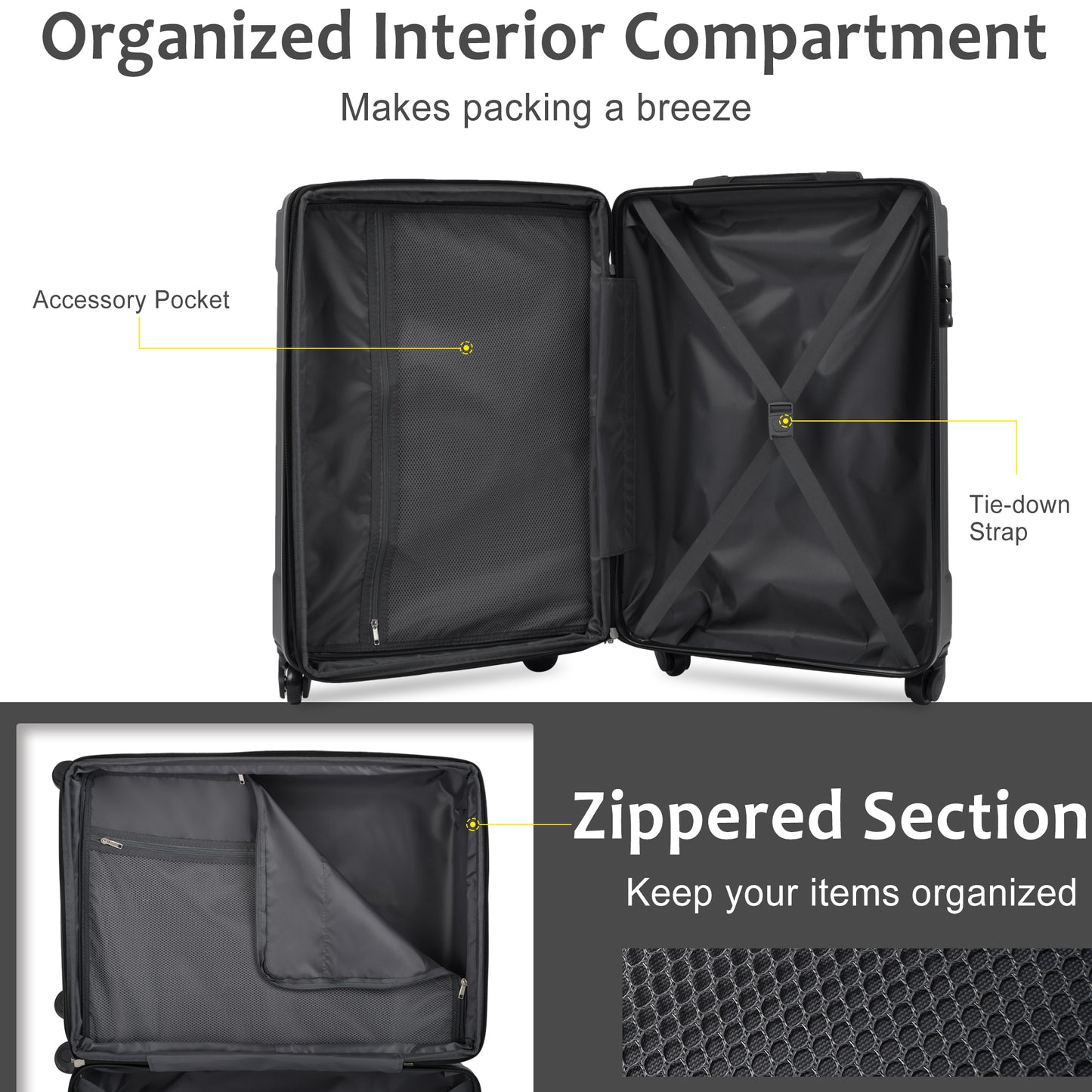 Hardshell Luggage Spinner Suitcase with TSA Lock Lightweight 20'' (Single Luggage) Black + ABS + 20 Inch Carry On